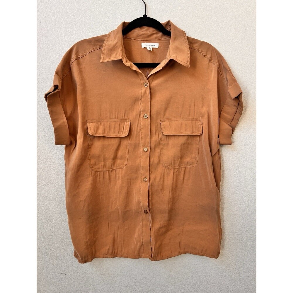 Max Studio Blouse Terracotta Rust Short Sleeve V-Neck Pocket Utility Medium